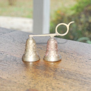 Vintage Double Brass Bell – Ornate Handheld Desk Bell – Floral Engraved Brass Bell – Antique Indian Brass Bell – Collectible Service Bell
