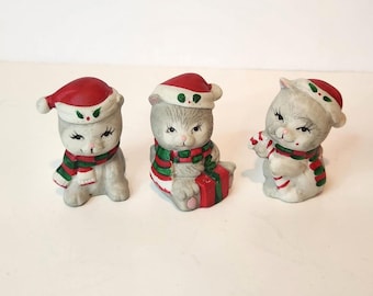 Vintage Christmas kittens figurines set of 3 porcelain cats holiday decor Santa hats striped scarves 1.75 inch miniature collectibles