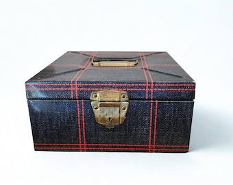 Vintage Metal Portafile File Box – Blue Denim and Red Plaid Design with Key – 9x9x4.5" Retro Office Organizer – Classic Tartan Style