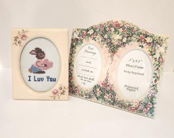 Vintage frame pair bunny cross stitch art frame 4x6 & floral marriage frame 3x4.5 cottagecore wedding decor