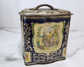 Vintage Decorative Tin Box, Courting Couple Biscuit Canister with Handle, Romantic Shelf Decor