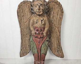 Vintage Avocet Angel Wall Decor, Mexican Folk Art Style Painted Wood Angel, Chippy Religious Wall Hanging