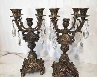 Vintage Ornate Candelabras Pair, Crystal Prism Candle Holders, Decorative Gothic Hollywood Regency Mantel Decor