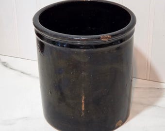 Vintage Black Stoneware Crock, Old Primitive Kitchen Storage Vessel, Rustic Utensil Holder