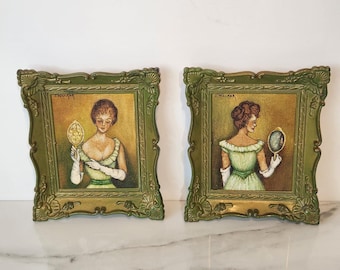 Miniature Lady Portraits Set of 2 Original Art Vintage Framed Romantic Wall Art Cottagecore Gallery Decor