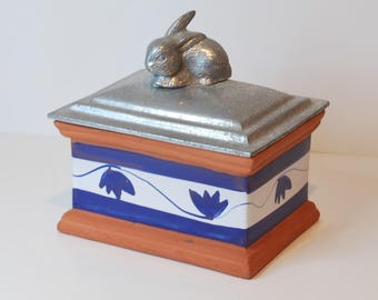 Vintage Aluart terracotta box with cast aluminum rabbit lid blue white folk art pottery cottagecore decor artisan signed rustic storage