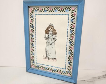 Vintage Kate Greenaway Print Hand Colored Framed Girl Illustration Cottagecore Wall Art Blue Frame Decor