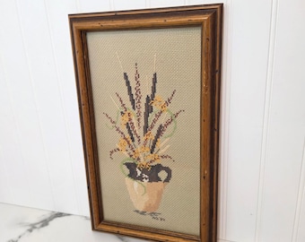 Vintage Floral Cross Stitch, Framed Potted Flower Needlework, 1984 Cottage Wall Decor