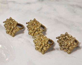 Vintage Brass Napkin Rings Set of 4, Floral Made in Korea Table Decor, Cottagecore Dining Accents
