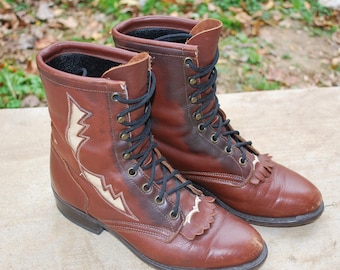 Vintage Laredo Brown Leather Boots, Women’s Size 7 M, Cream Detail, Comfortable Western Style, USA Made, Rustic Vintage Charm