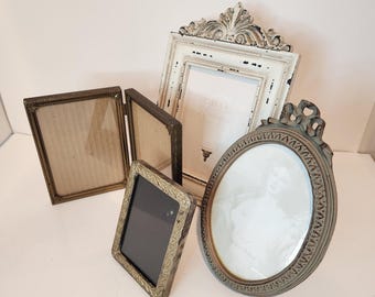 Vintage tabletop photo frame lot mixed metals wood resin shabby chic ornate oval 5x7 4x6 3x4.5 farmhouse cottage decor set