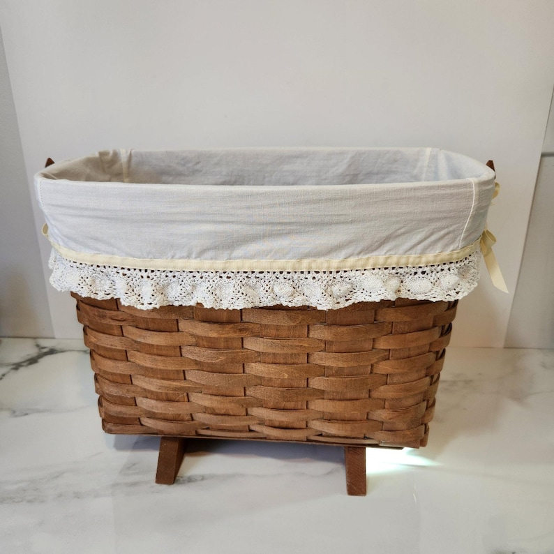 Vintage Longaberger Woven Basket with Fabric Liner and Wood Handles | Heritage Style Storage | Heirloom Home Decor image 2