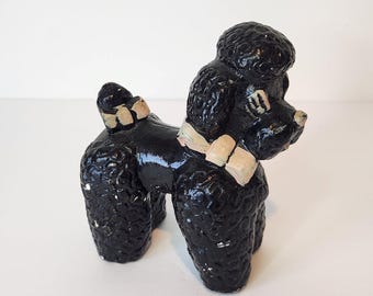 Vintage black poodle figurine ceramic dog statue mid century kitsch collectible French style decor vanity shelf accent