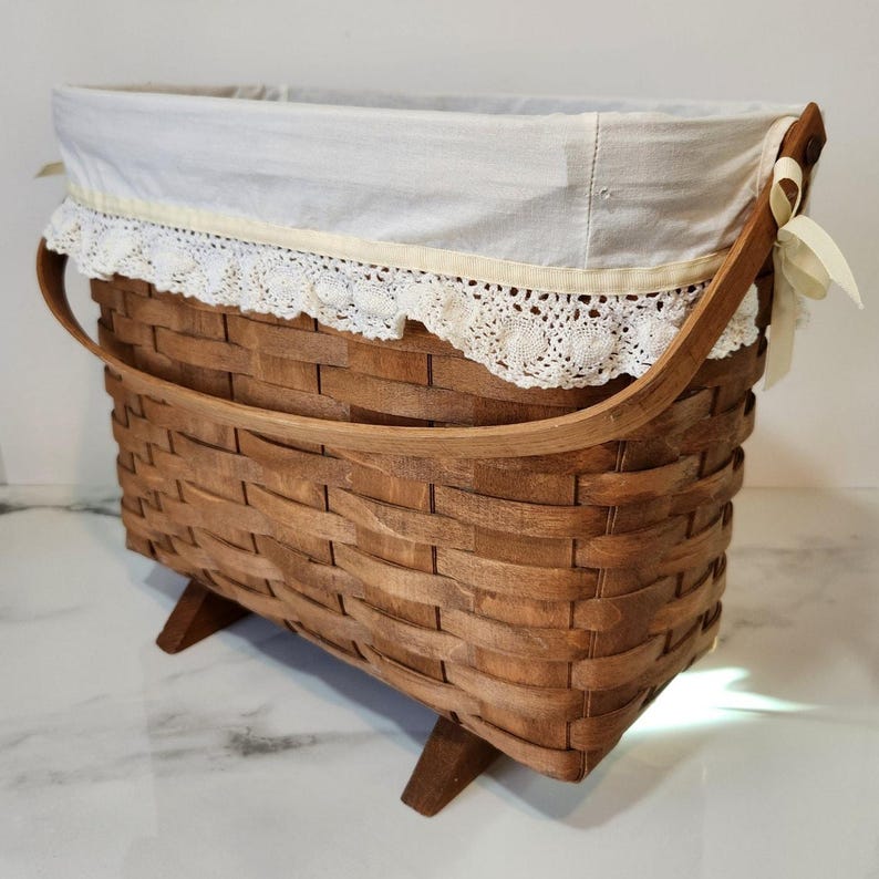 Vintage Longaberger Woven Basket with Fabric Liner and Wood Handles | Heritage Style Storage | Heirloom Home Decor image 1