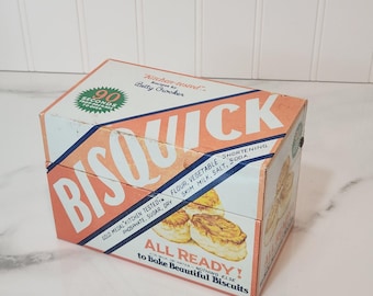 Vintage Bisquick Recipe Card Tin Betty Crocker Kitchen Storage Box Recipe Box Farmhouse Kitchen Decor