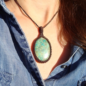 Chrysocolla Macrame Necklace: New Beginnings Jewelry, GaiasGiftsToUs, Green Stone Pendant