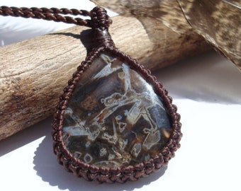 Turkish Stick Agate Necklace: Macrame Pendant, Earthy Brown Stone