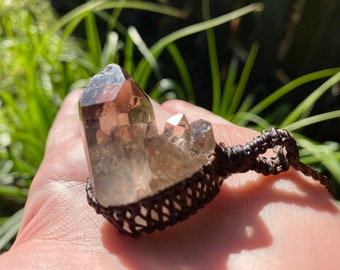 Smoky Quartz Cluster Necklace: Macrame Crystal Pendant, Earthy Jewelry