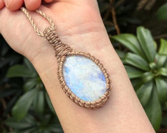 Rainbow Moonstone Necklace: Atlantis Stone Pendant, Intuition Macrame Jewelry, GaiasGifts