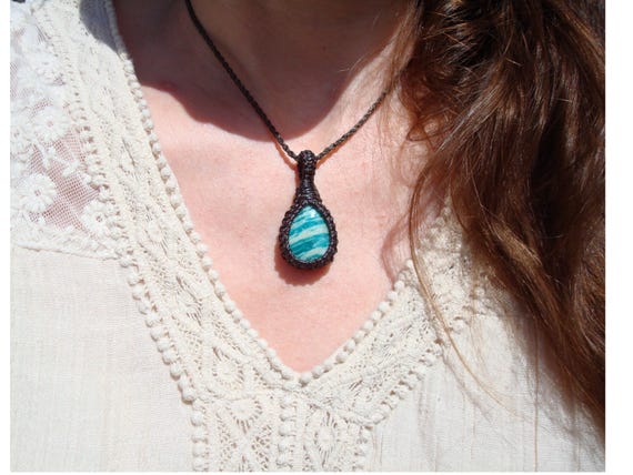 Macrame Amazonite Pendant Necklace: Hand-Knotted Crystal Jewelry