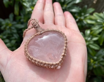 Macrame Rose Quartz Heart Necklace: Hand-Knotted Crystal Pendant