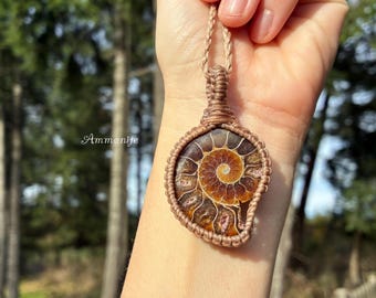 Macrame Ammonite Fossil Necklace: Sacred Geometry Pendant
