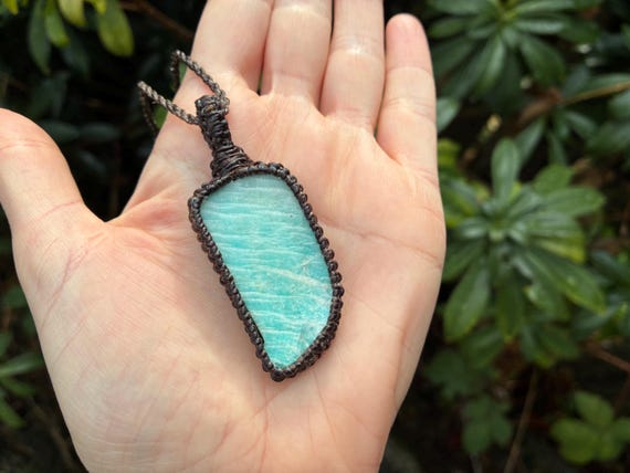 Macrame Amazonite Necklace: Hand-Knotted Amazonite Pendant, Adjustable Cord