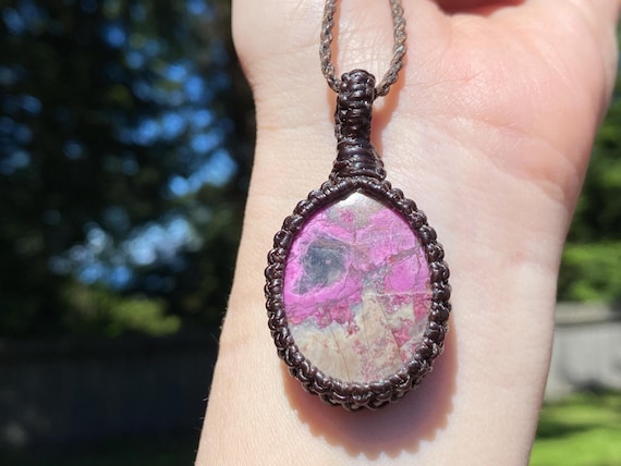 Raw Pink Cobalt Calcite Necklace: Macrame Pendant