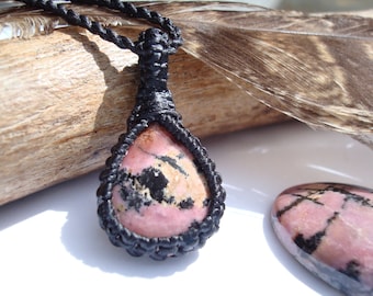 Macrame Rhodonite Pendant Necklace: Hand-Knotted Black Cord