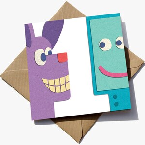 May include: A purple cartoon dog with a big smile and a blue eye looks at a turquoise blue cartoon phone with a pink smile and two blue eyes.