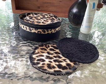 Facial Rounds – Reusable  -  Leopard Print Flannel & Terrycloth  - Black- Cork Bowl (Set) - Laundry Bag (Set)