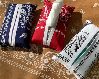 Bandana Tissue Holder, Red White or Navy Blue, Travel case