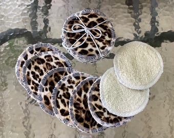 Leopard Print Flannel & Beige Terrycloth Facial Rounds – Reusable  -  Cork Bowl (Set) - Laundry Bag (Set)