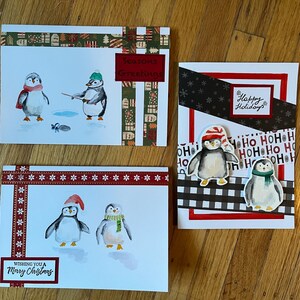 Handmade watercolour christmas cards. Cute penguins- three card set