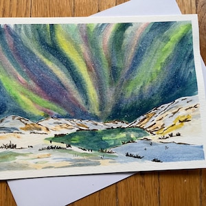 Watercolour Mountains and Aurora blank card