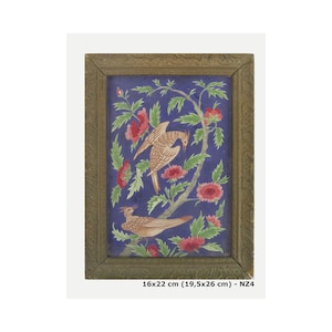 An original french art nouveau painting with same period wooden frame. birds on a tree with flowers in a deep blue background NZ4