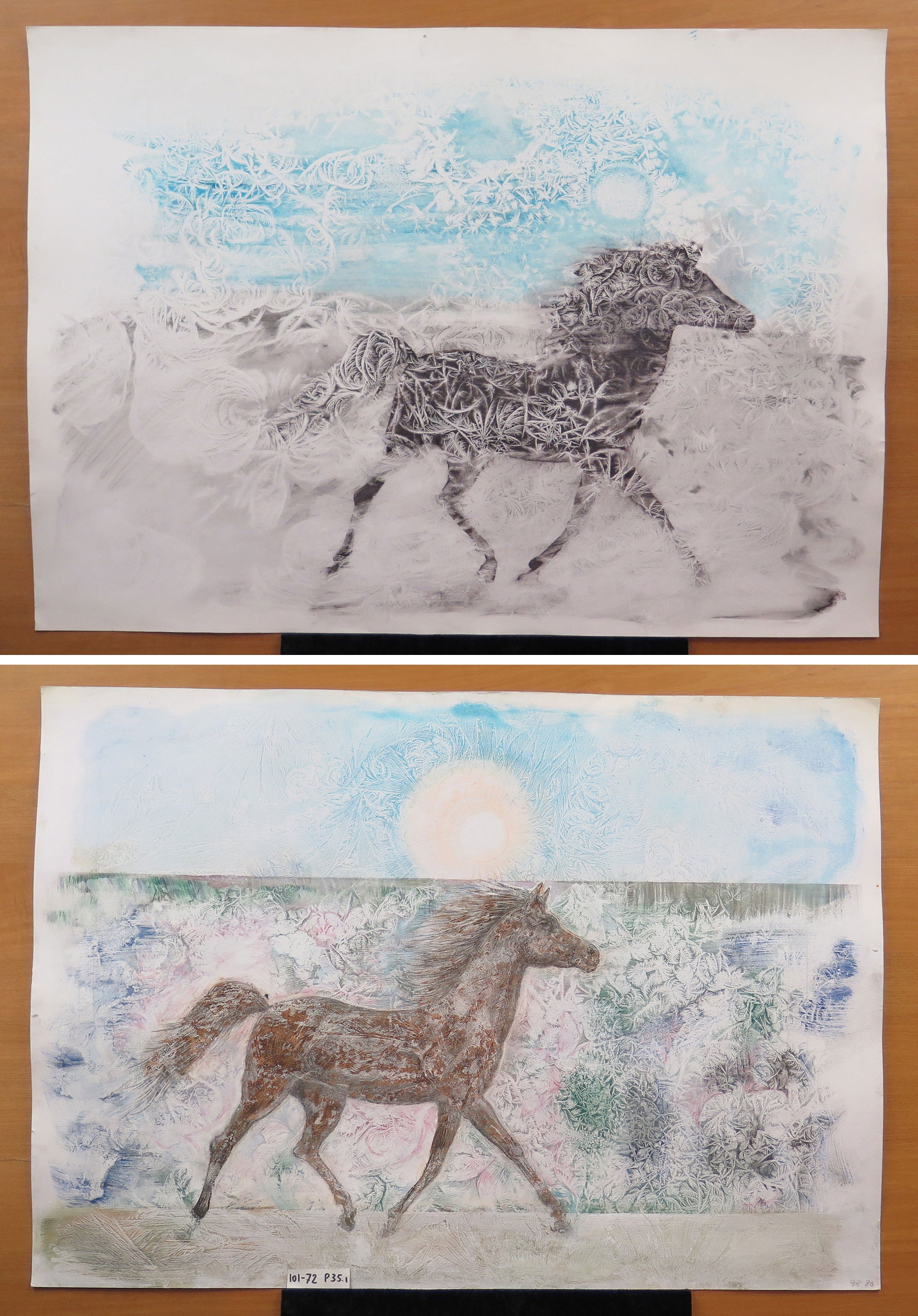 Watercolor Two Vintage Paintings Horses In Abstract Background Etsy