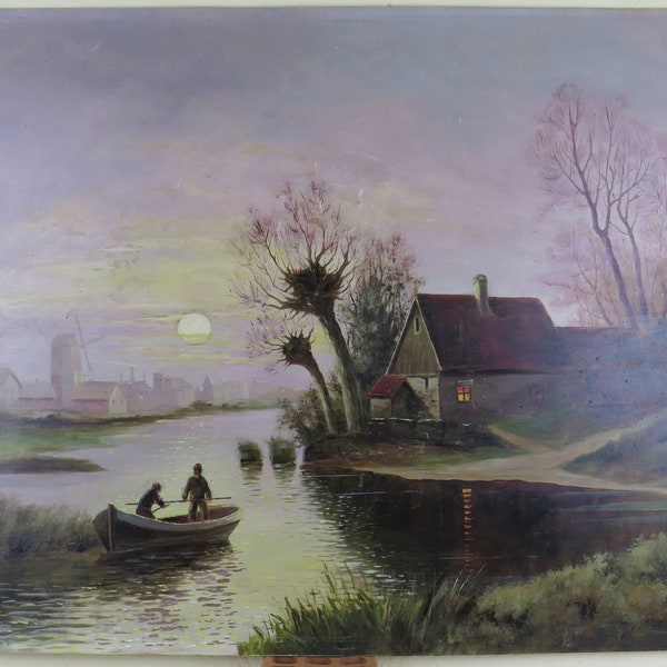 Ancien tableau paysage fluvial Italie 1931 signé Campello et daté Italie Europe huile sur panneau X9