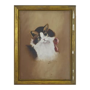 Portrait of a cat vintage painting signed Italy mid 20th century with gilded wooden frame cat painting S5