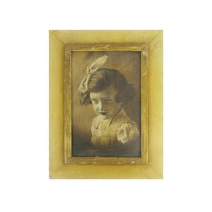Portrait of a young girl antique black and white painting from France signed Coeffard antique painting portrait France 1930s dated B8