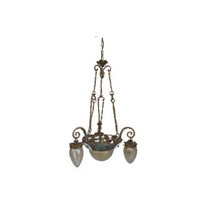 Vintage chandelier art nouveay style floral leaves decoration wrought iron three lights Italy 1960 circa hand made high quality CH