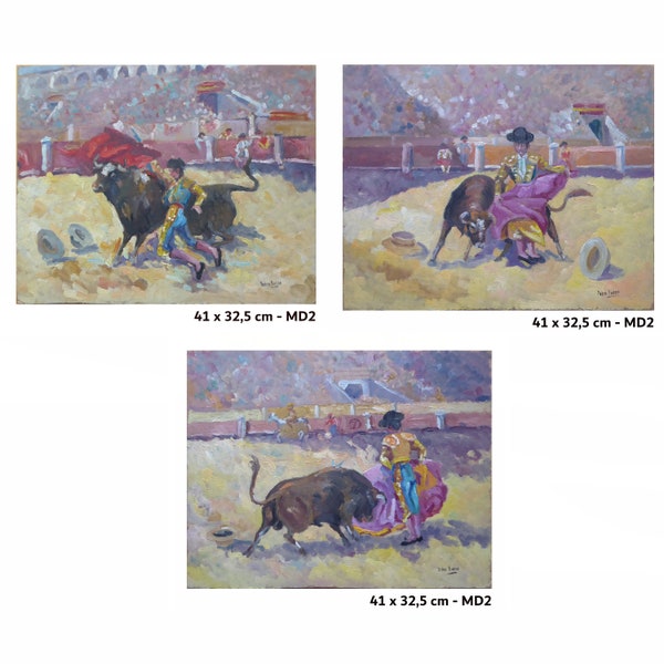 3 vintage paintings signed Pedro Bueno spanish painter corrida bull Spain Europe signed spanish art mid 20th century MD2
