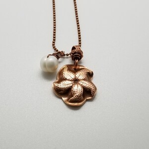 Handmade Copper Starfish Pendant with a Cultured Pearl on a Copper Ball Chain Necklace