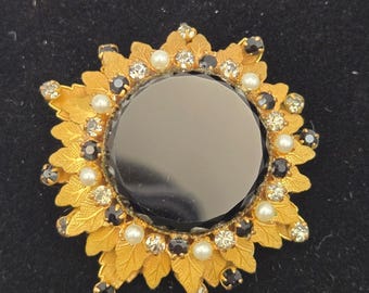 Original by Robert 2" Black Rhinestone Pearl Leaf Brooch Pendant Women Vintage