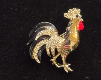Gerrys OS Rooster Brooch Pin Womens Vintage Gold Tone Enamel Farmcore Aesthetic