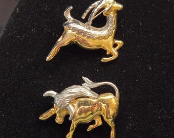 Vintage Gold Tone Bull Brooches Pair Two Tone Western Rodeo Taurus Pins