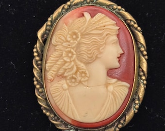 Vintage Cameo Brooch Victorian Lady Portrait Red Cream Gold Tone Costume Jewelry