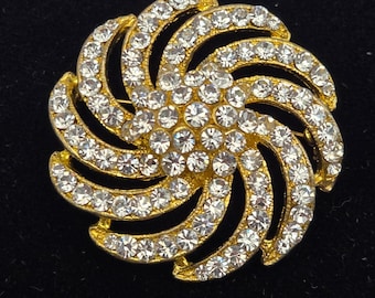 Unbranded 2" Sunburst Pinwheel Brooch Gold Tone Rhinestone Vintage Glamour