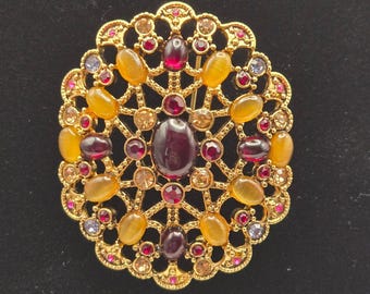 Monet Brooch Vintage Gold Filigree Cabochon Rhinestone Victorian Regal