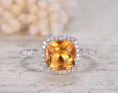 14K white gold 8mm cushion cut citrine diamond halo engagement wedding ring citrine engagement halo ring valentine gift for her